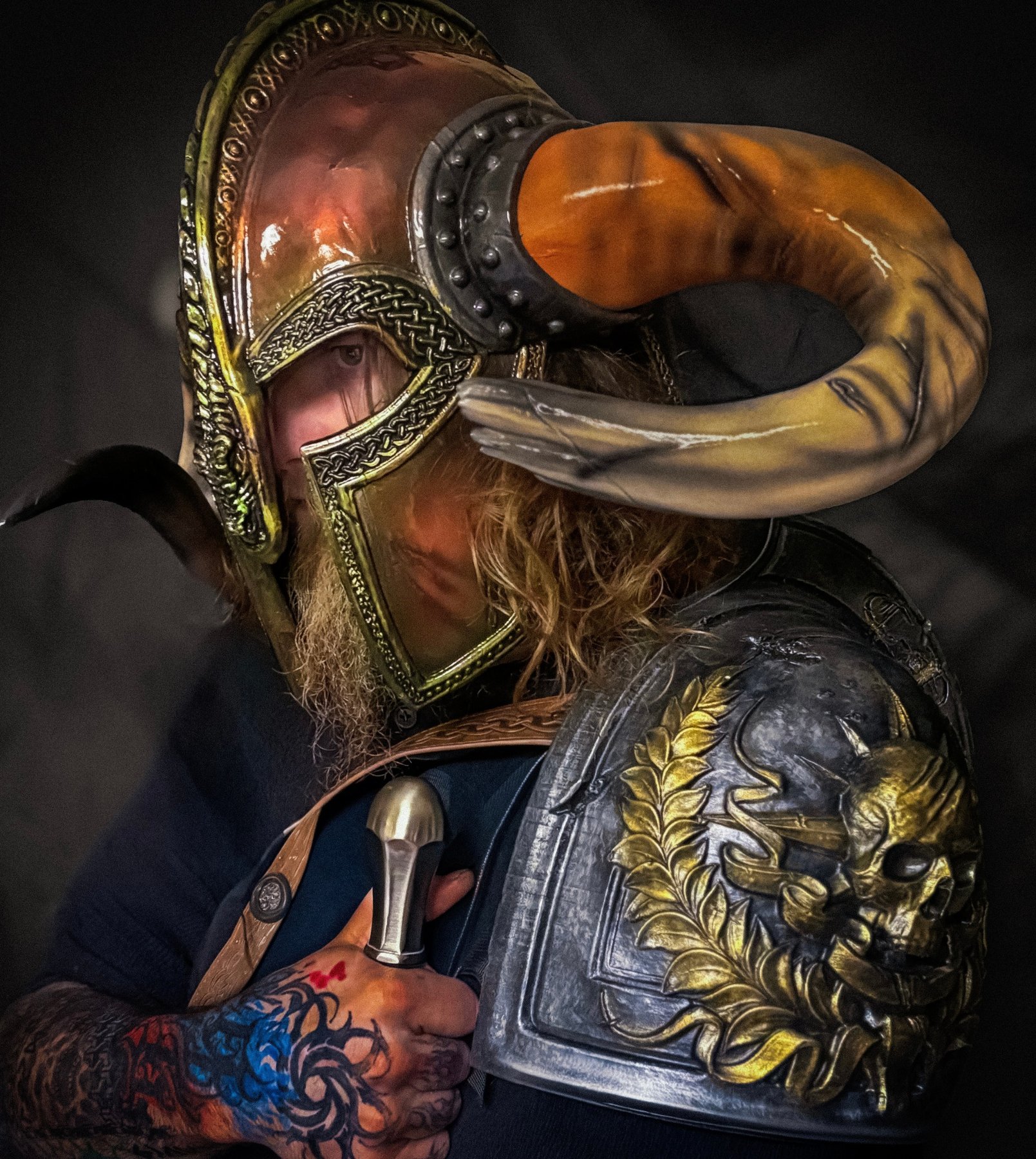 Standard Viking helmet worn with armor